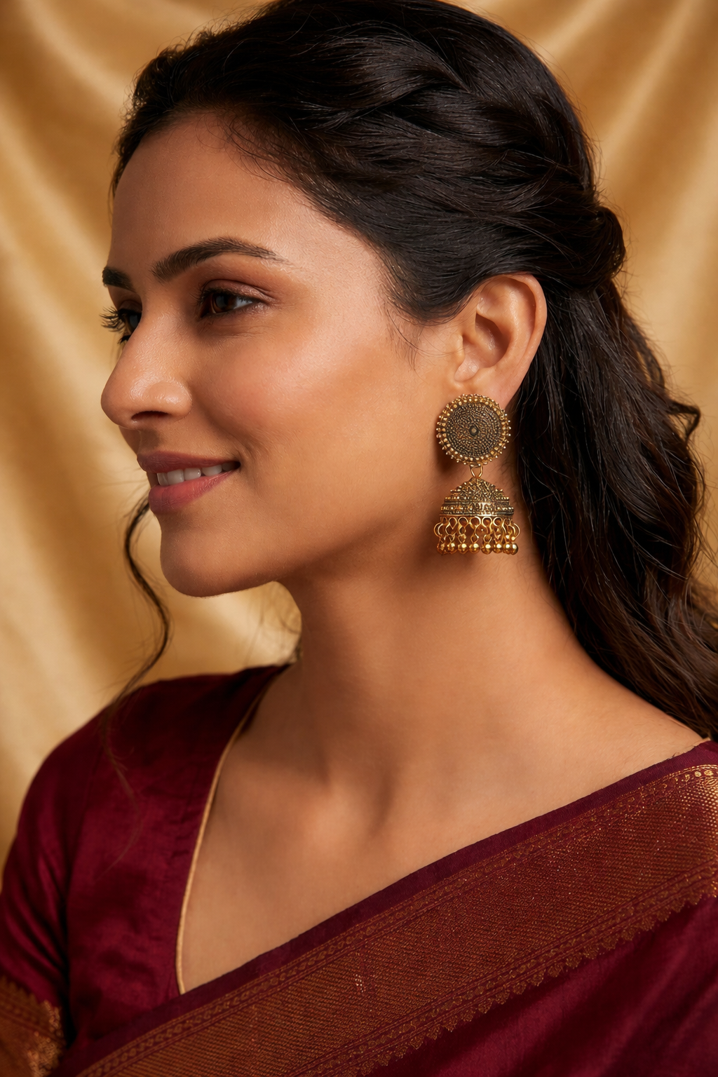 Gold Plated Traditional Jhumka Earrings with Intricate Filigree Design