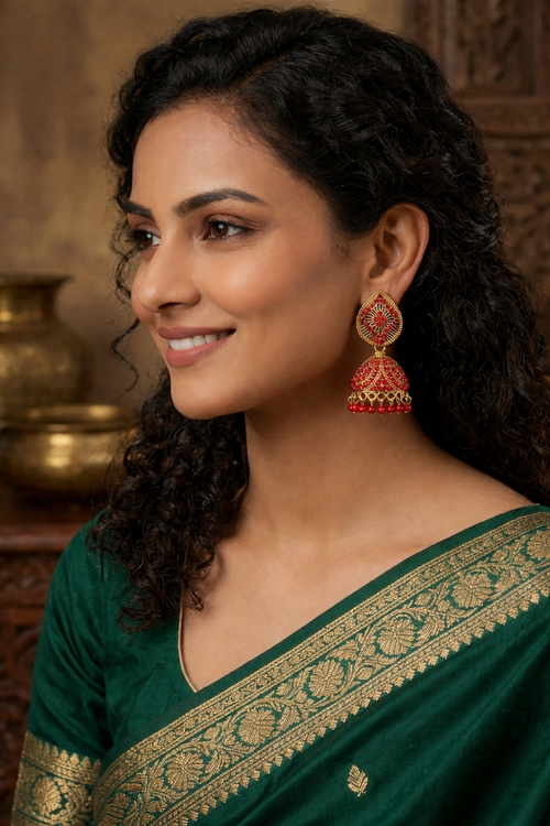 Elegant Red Stone Jhumka Earrings - A Timeless Statement of Tradition and Style