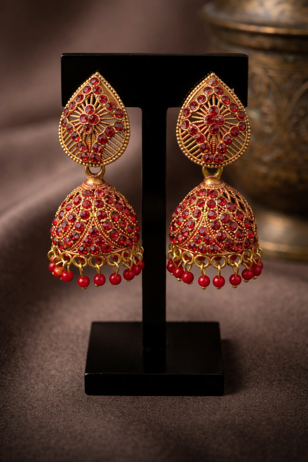 Elegant Red Stone Jhumka Earrings - A Timeless Statement of Tradition and Style