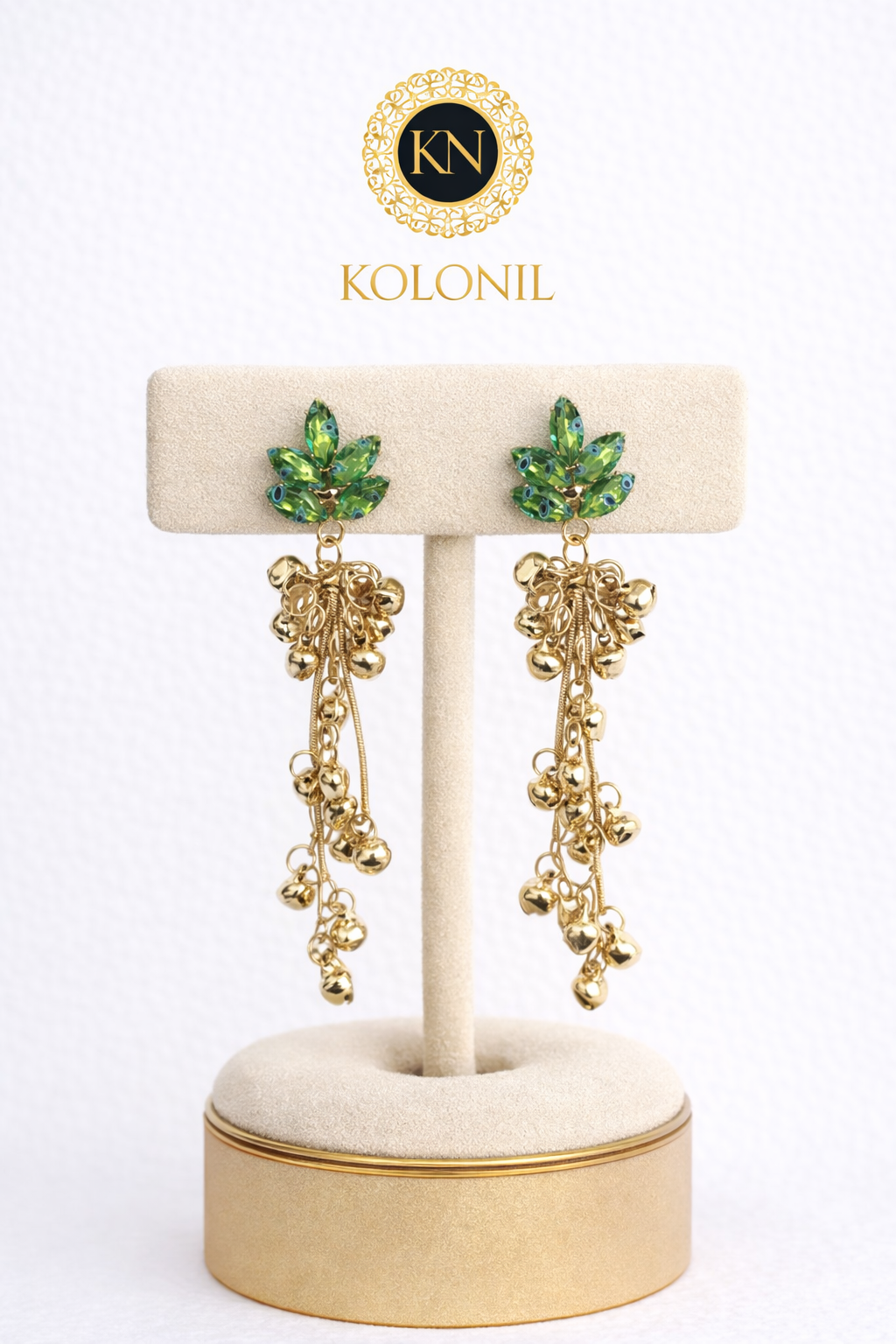 Kolonil Green Leaf &amp; Gold Bell Earrings