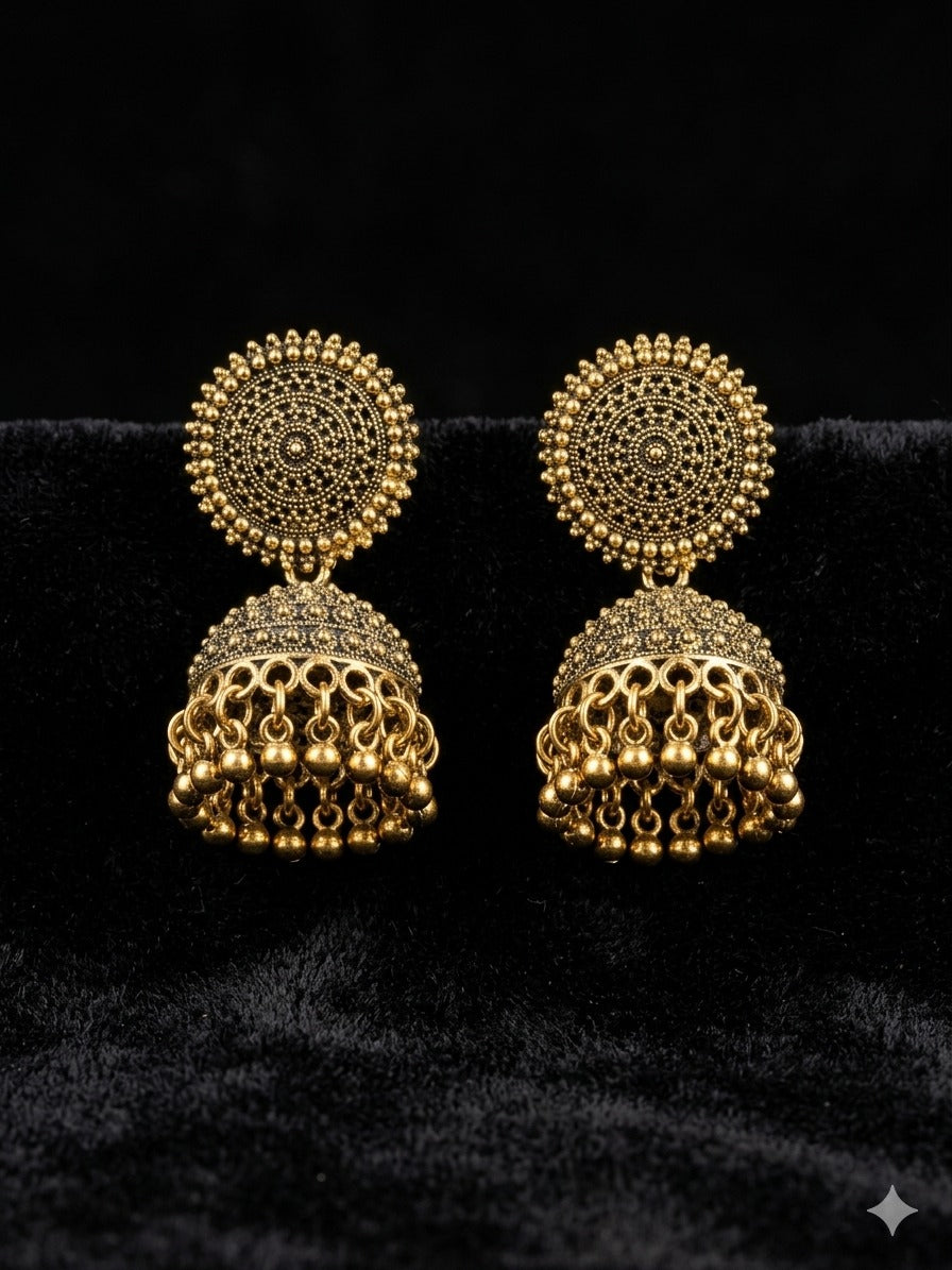 Gold Plated Traditional Jhumka Earrings with Intricate Filigree Design