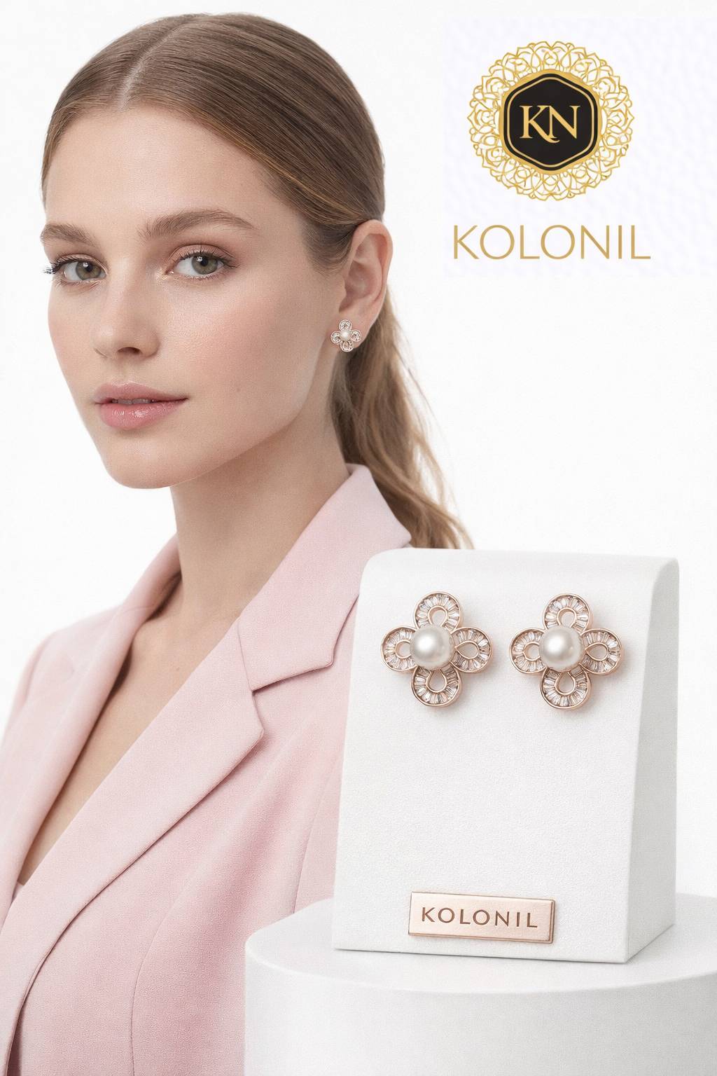 Dual Pearl &amp; Crystal Earrings - Rose Gold Floral Statement Earrings