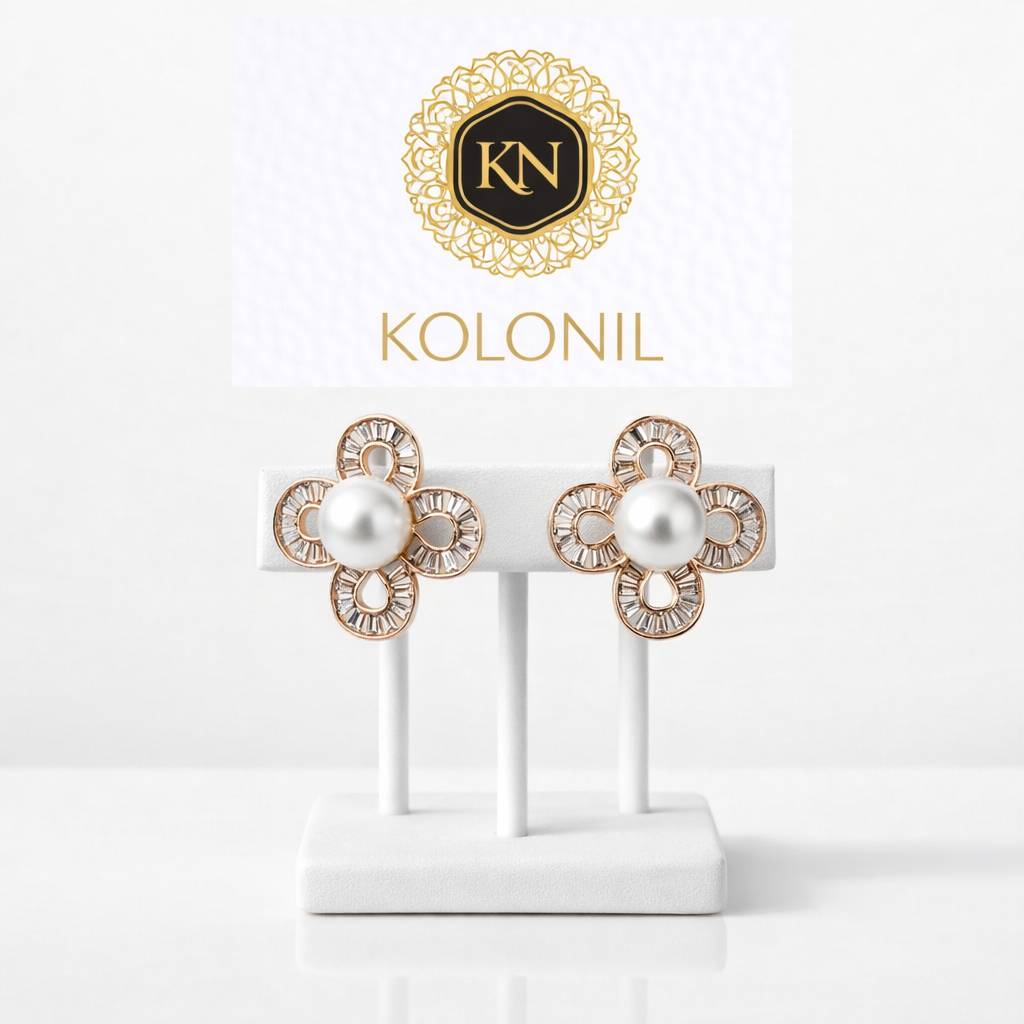 Dual Pearl &amp; Crystal Earrings - Rose Gold Floral Statement Earrings